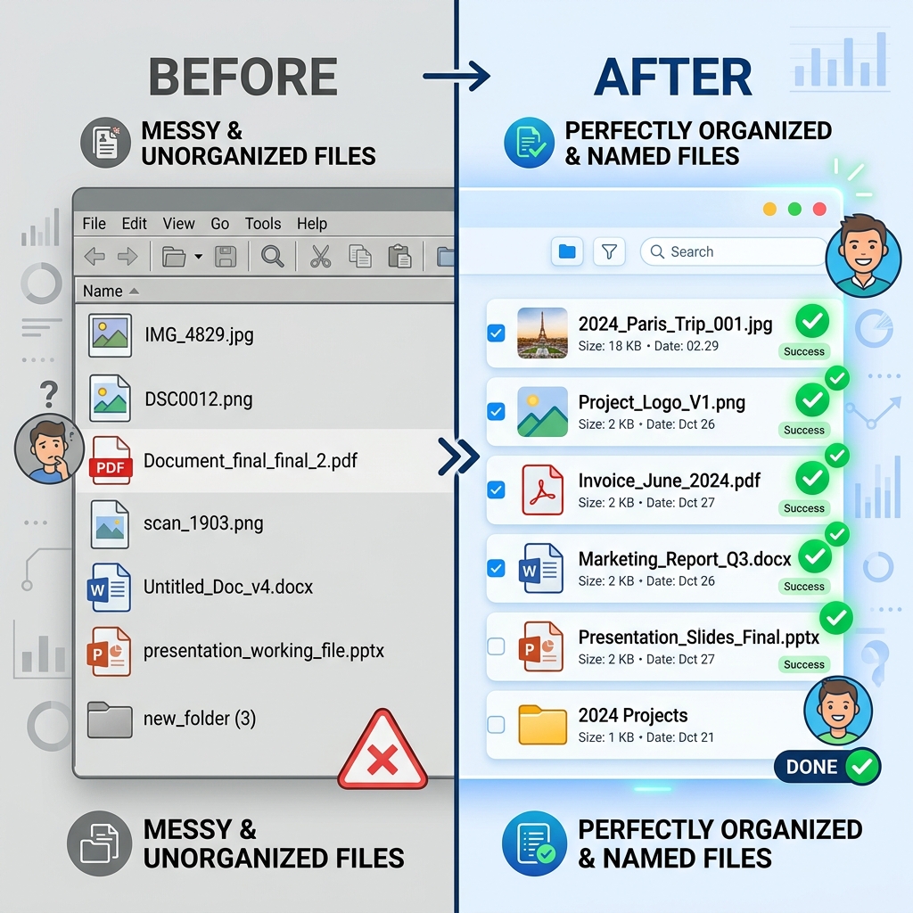 Before and after file renaming comparison